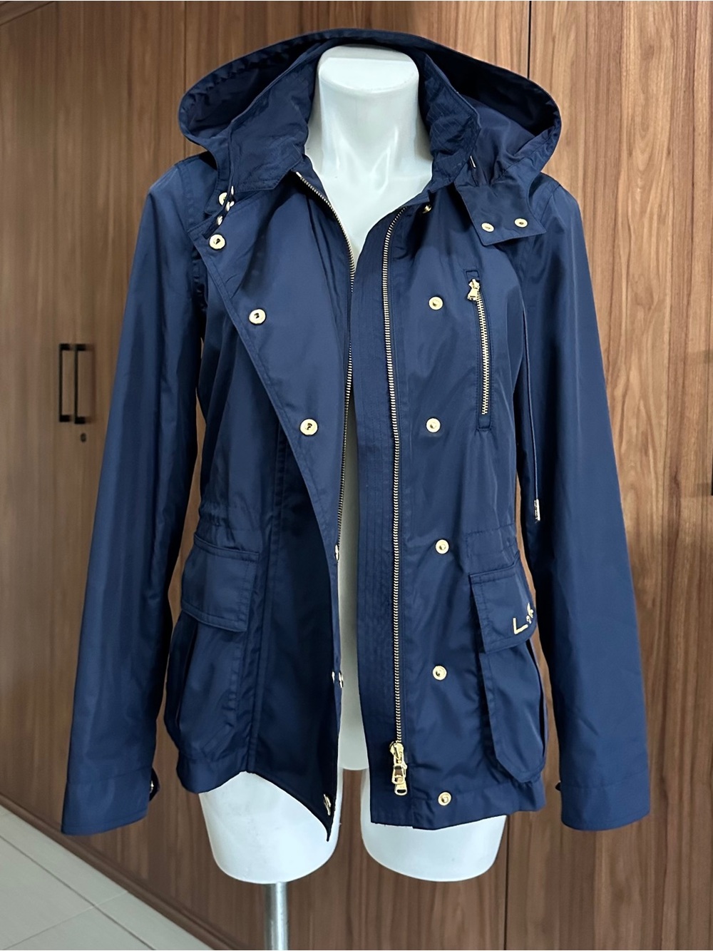Navy Hooded Utility Jacket with Gold Hardware - Women’s SMALL